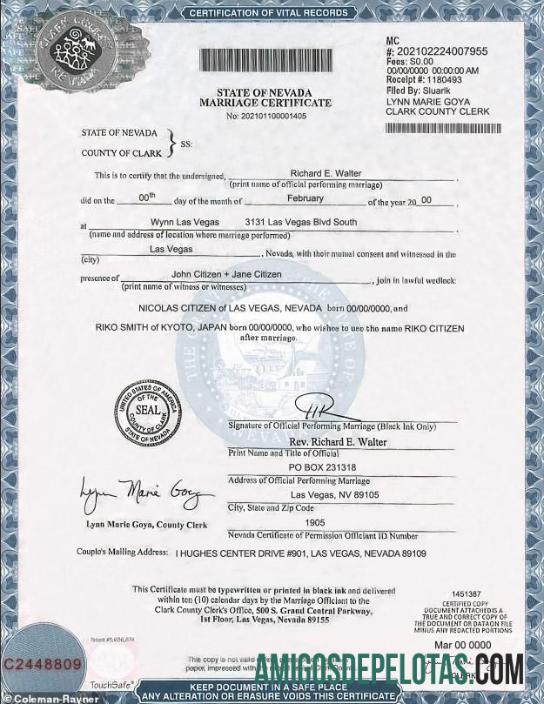 Imprimível modelo de certidão de casamento do estado de Nevada nos EUA em formato PSD